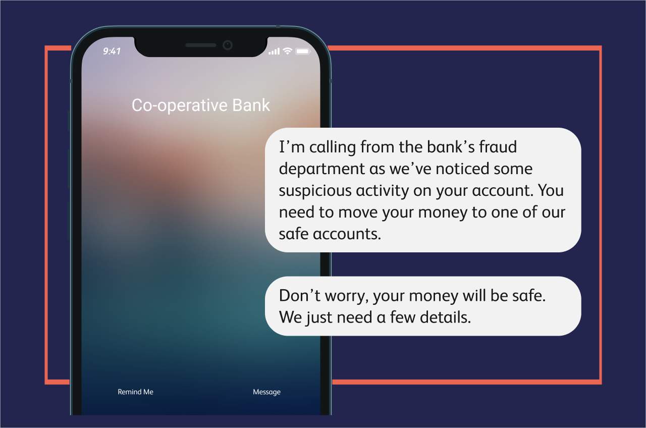 A smart phone displaying a phone call from someone who says they're from the banks fraud department. They have noticed some suspicious activity on your account and want to move your money to a safe place.