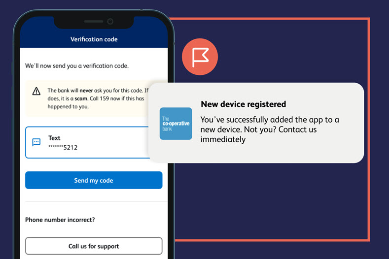A smart phone displaying the bank sending a user a verification code. A pop up notification shows the message: 'You've successfully added the app to a new device. Not you? Contact us immediately.'
